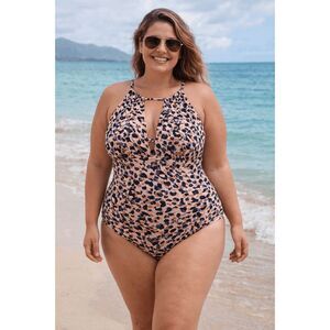 Leilani Plus Size 16 Leopard Blue Tan Black Print One-Piece Swimsuit Halter